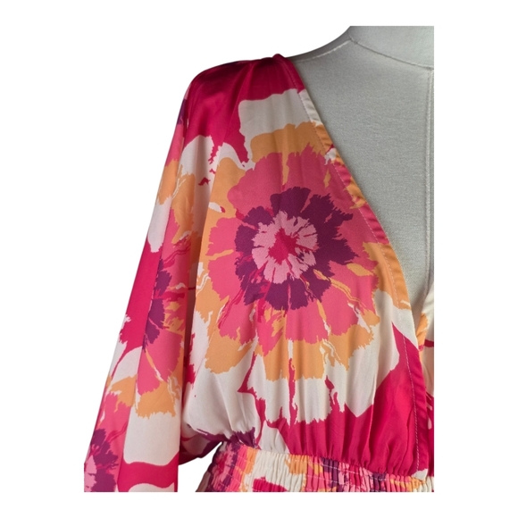 Flying Tomato Pink Floral Maxi Dress M Boho Kimono Sleeve Smocked Waist - Picture 4 of 12